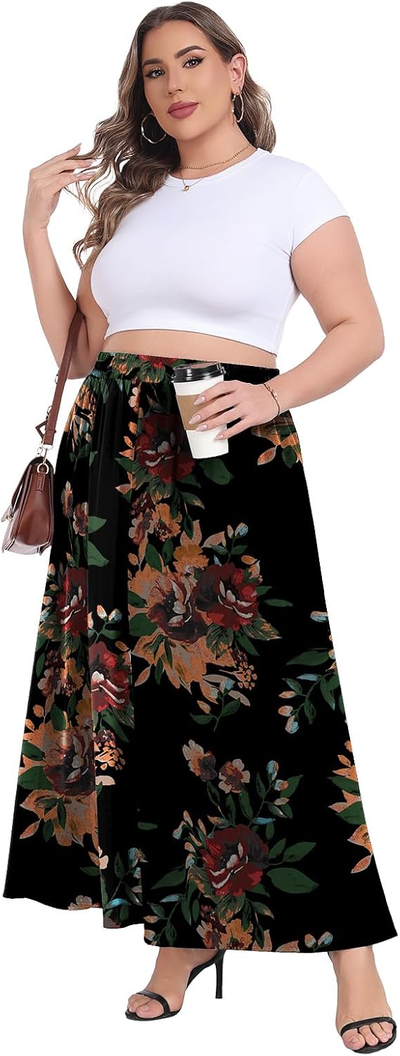 Lastshe Plus Size Maxi Skirts for Women Casual Elastic High Waist Inside Drawstring Flowy A-line Long Skirt with Pockets - Image 5