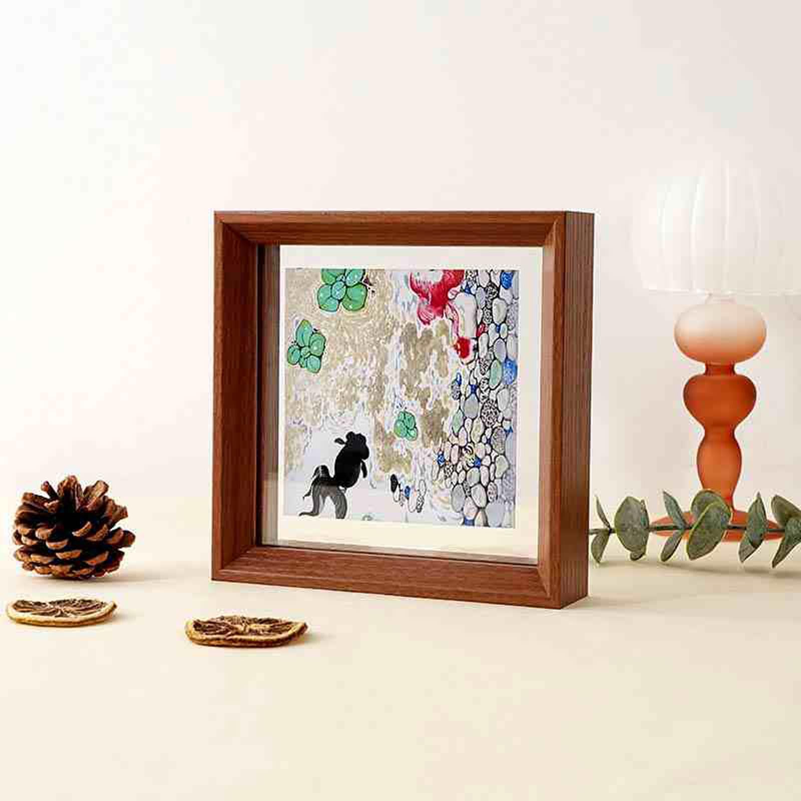Double Sided Floating Photo Frame, Wooden Double Sided Photo Frame, Multicolor, 7-16 inch, Postcards Memorial Photos Specimen(Hu Wood Color,[33 * 33cm])
