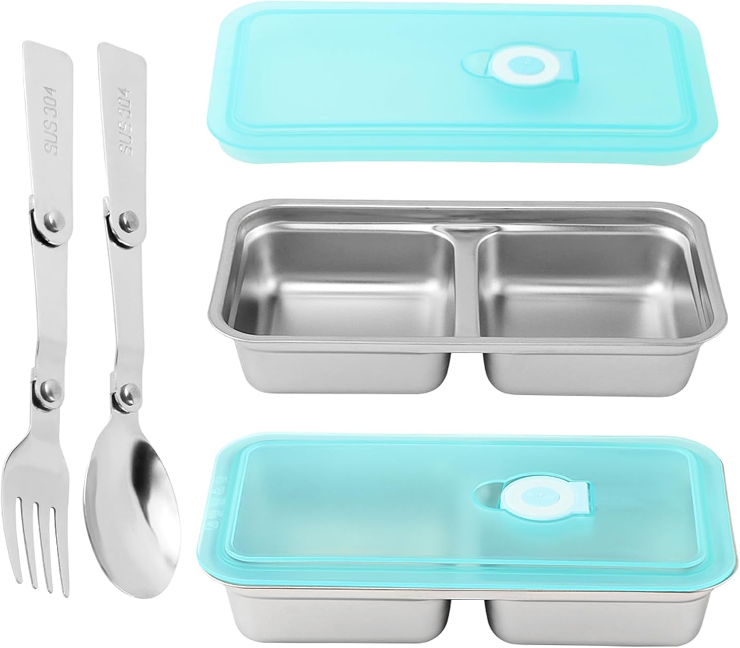 2pcs Grab and Go Snack Container Stainless Steel With Spoon & Fork, Reusable Snack Condiment Containers with Lids, 2 Compartment Lunch Meal Container for Travel Outdoor Camping - Image 9