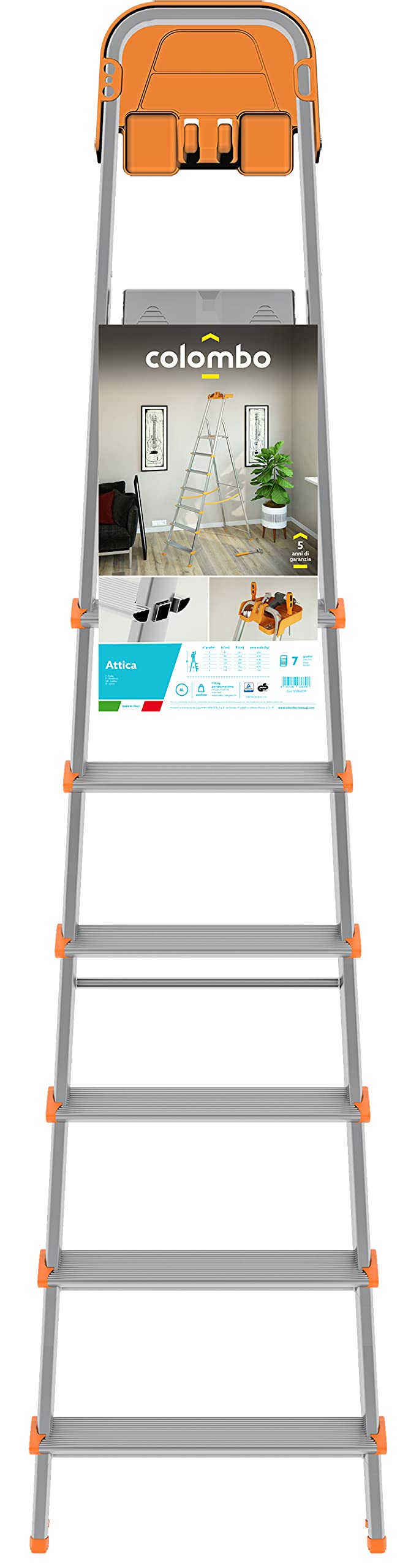 Scala Alluminio 7 Gradini Con Vassoio Portaoggetti - Certificata EN131, Made In Italy