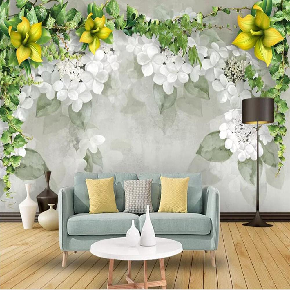 Papier peint photo belle fleur 3D et rotin, grand format 350X245cm pour décoration murale salon