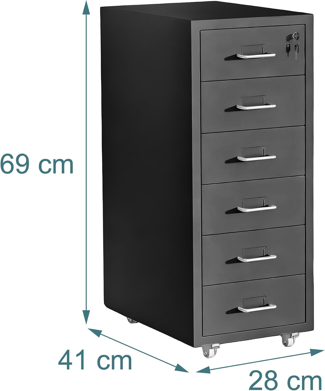 Relaxdays Lockable Metal Rolling Cabinet with 6 Drawers, 69x28x41 cm, Black