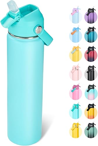 Miniatura 15 de Botella de agua de acero inoxidable aislada de 18 oz, de boca ancha, de doble pared con vacío, pajita de silicona, a prueba de sudor y fugas, termo