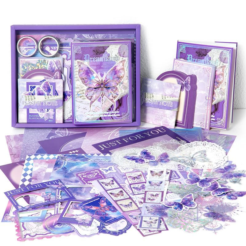 Image of WEMOL Vintage Journal Scrapbook Pack Kit for Art Journaling Bullet, Planners DIY Paper Stickers, Craft Kits Notebook, Collage Album Aesthetic Sticker (Purple Butterfly)