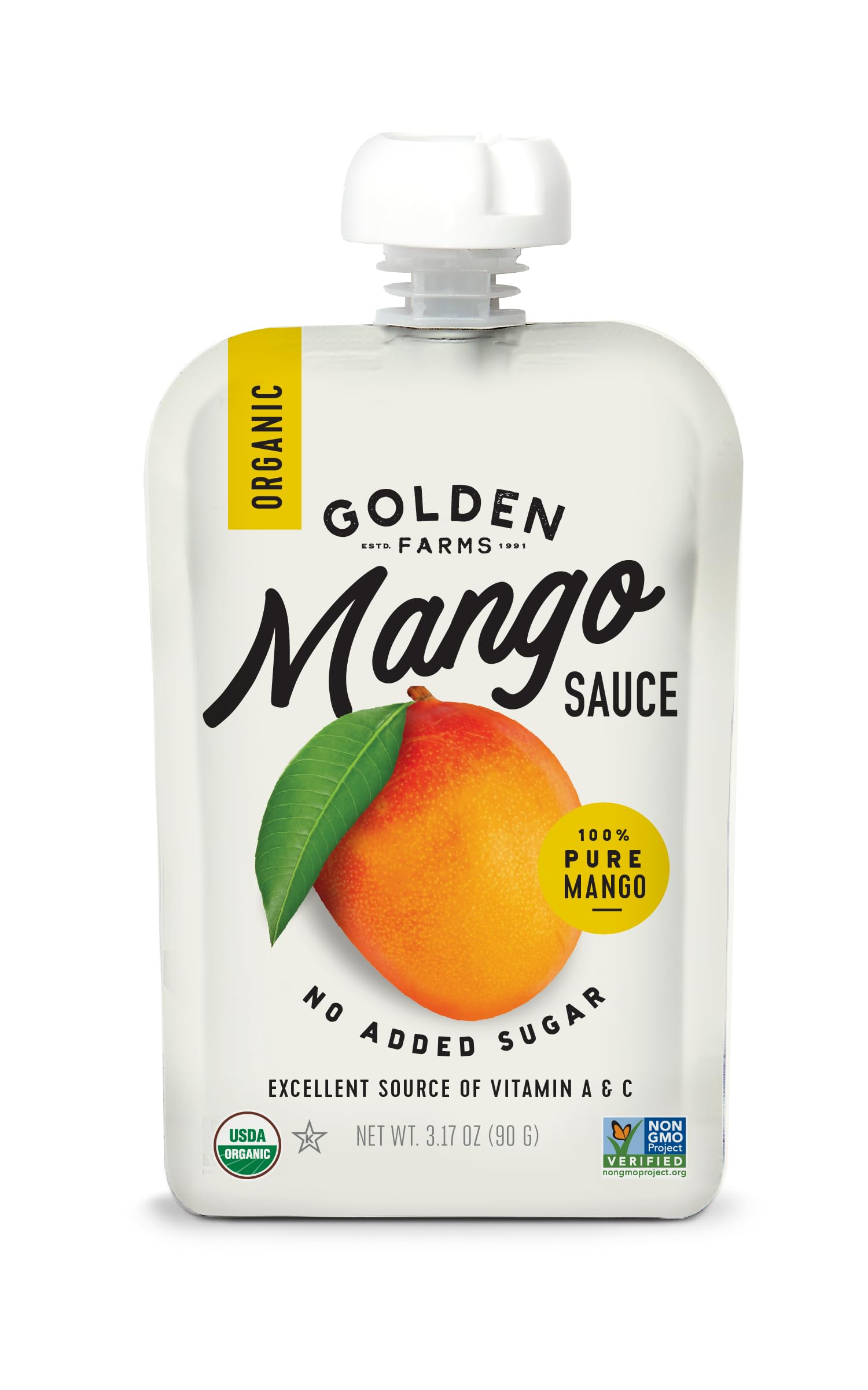 Golden Farms Mango Pouches, Single Ingredient Healthy Snacks, 100% Pure Fruit, No Added Sugar, Vegan, Gluten-Free, Kosher, Organic Squeeze Pouch 3.17oz Each (24 Pack) USDA Organic