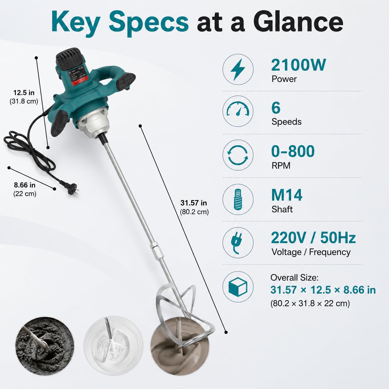 Malaxeur Mortier Colle 2100W Melangeur Beton électrique Réglable à 6 Vitesses Avec Poignée Malaxeur Enduit Mélangeur,Pour Le Mélange De Ciment, Béton, Coulis