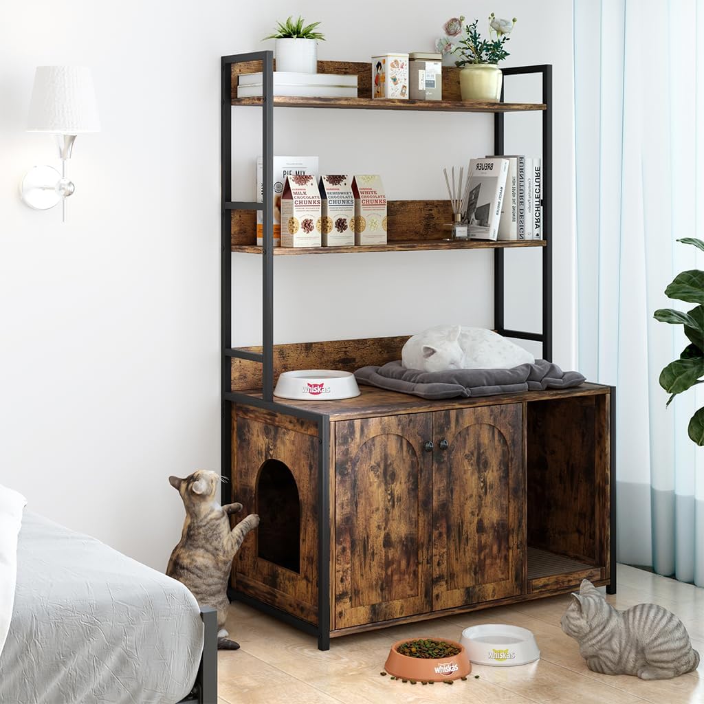 Large Wooden Cat Litter Box Enclosure with 2 Storage Shelves, Modern Cat Litter Box Furniture with Scratching Mat, Cat House for Indoor Cats, Wood Sturdy Cat Washroom Storage, 35.2 x 17.7 x 52 Inches,