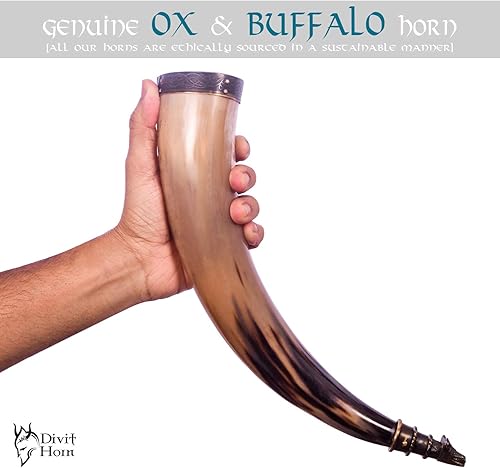 Miniatura 4 de Cuerno vikingo auténtico con soporte de hierro, auténtico cuerno medieval para beber cerveza, adornos de latón y bolsa de regalo de arpillera