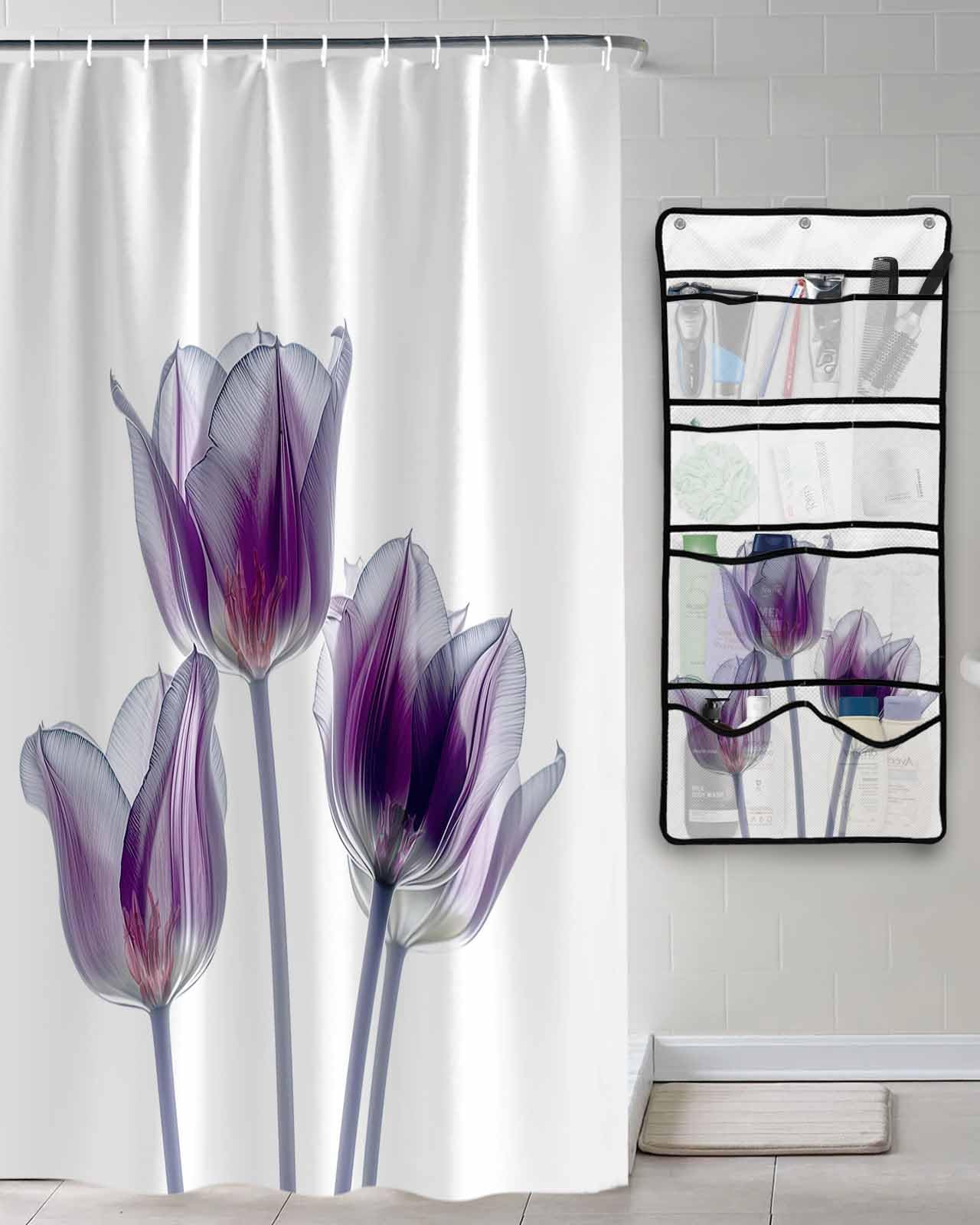 Shower Curtain Mesh Shower Organizer Hanging Set Abstract Purple Tulip Ray White Texture Waterproof Shower Curtains with 10