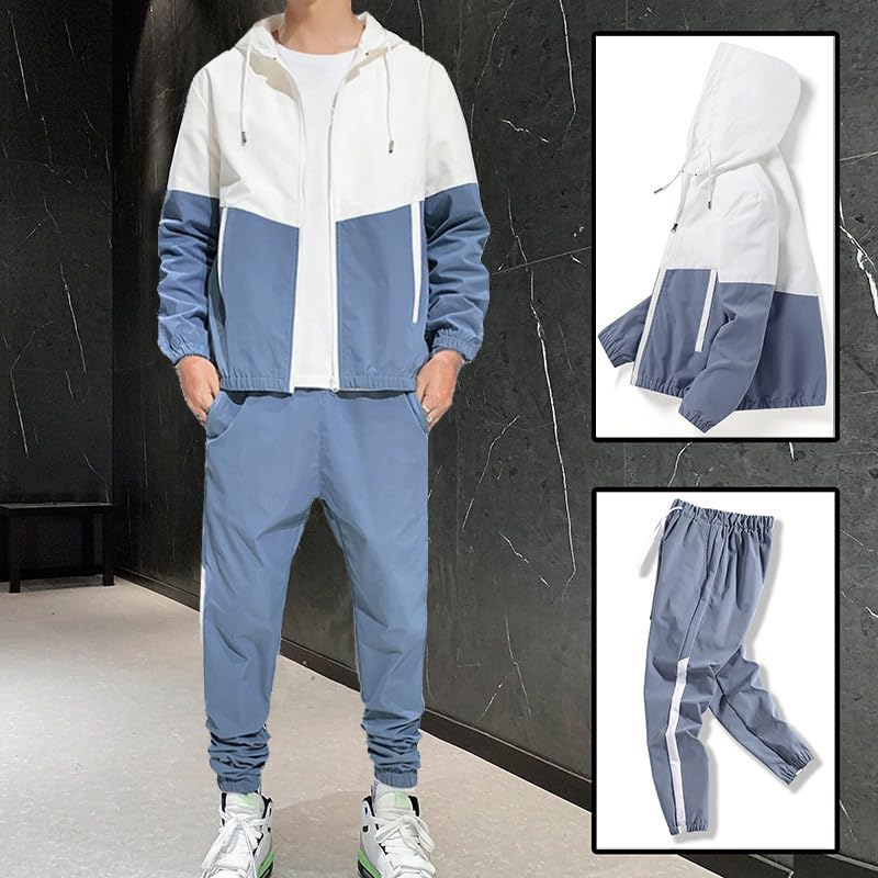 Men's Retro Windbreaker Tracksuits Set Long Sleeve Full Zip Running Sports Sweatsuit Color Block 2 Piece Outfits4