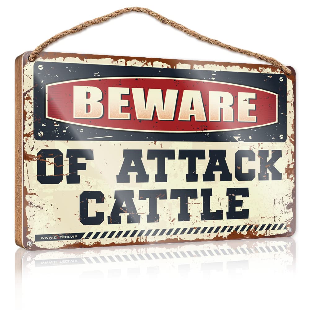 DTHA Home Wood Sign Beware Of Attack Cattle Wooden Sign Porch Funny Signs Pool Stuff(15X28CM)
