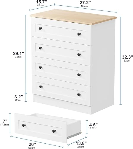 Miniatura 2 de Cómoda de 4 Cajones, Cómoda Blanca Moderna Cajonera de Almacenamiento, Organizador de Gabinete de Almacenamiento Estilo Granja con 4 Cajones para