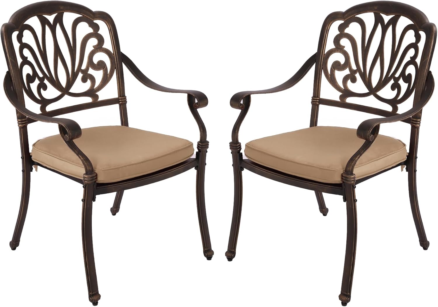 TITIMO Cast Aluminum Patio Dining Chairs Set of 2, Stackable Outdoor Bistro Chair Set Patio Furniture for Garden Deck Balcony Backyard with Flower Design(Khaki Cushions)