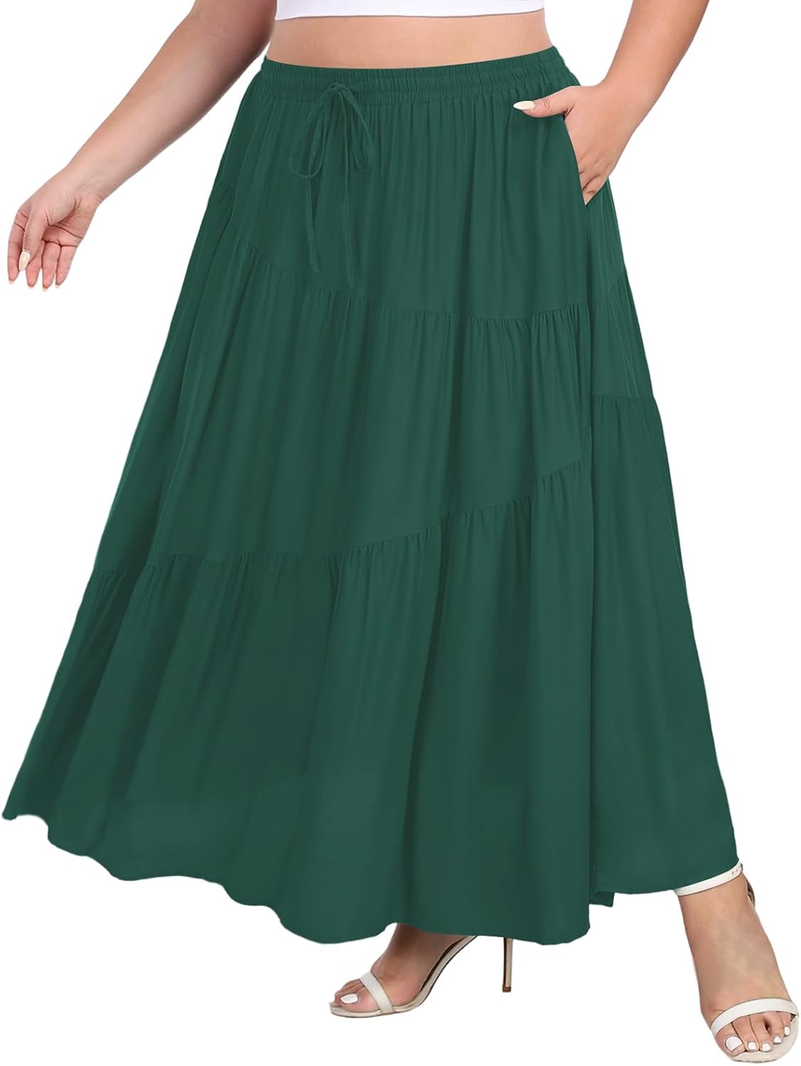 Moon Wood Plus Size Boho Maxi Skirts for Women Long Flowy High Waisted Tiered A-Line Skirt with Pockets Beach Summer Causal