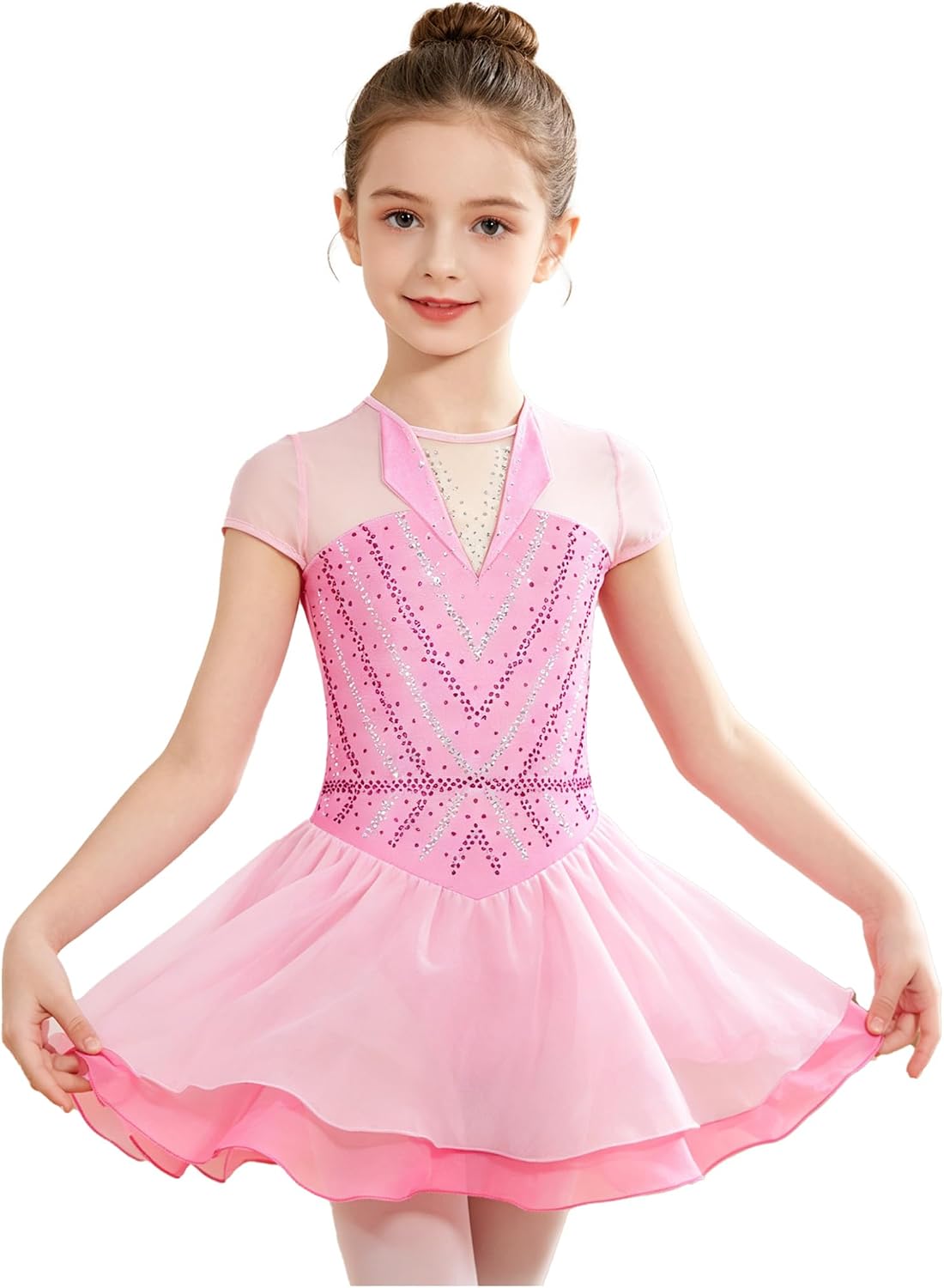 Shinsto Kids Girls Ballet Dance Dress Short Sleeve Rhinestone Ruffle Rhythmic Gymnastics Leotard Modern Dancewear