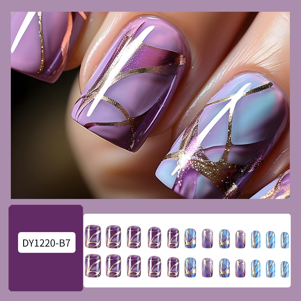 CEWEWP Short Press on Nails Blue Purple Gradient Square False Nails Artificial Acrylic Nails Gold Foil Stripe Design Fake Nails Full Cover Glossy Reusable Coffin Nails Glue on Nails for Women 24Pcs