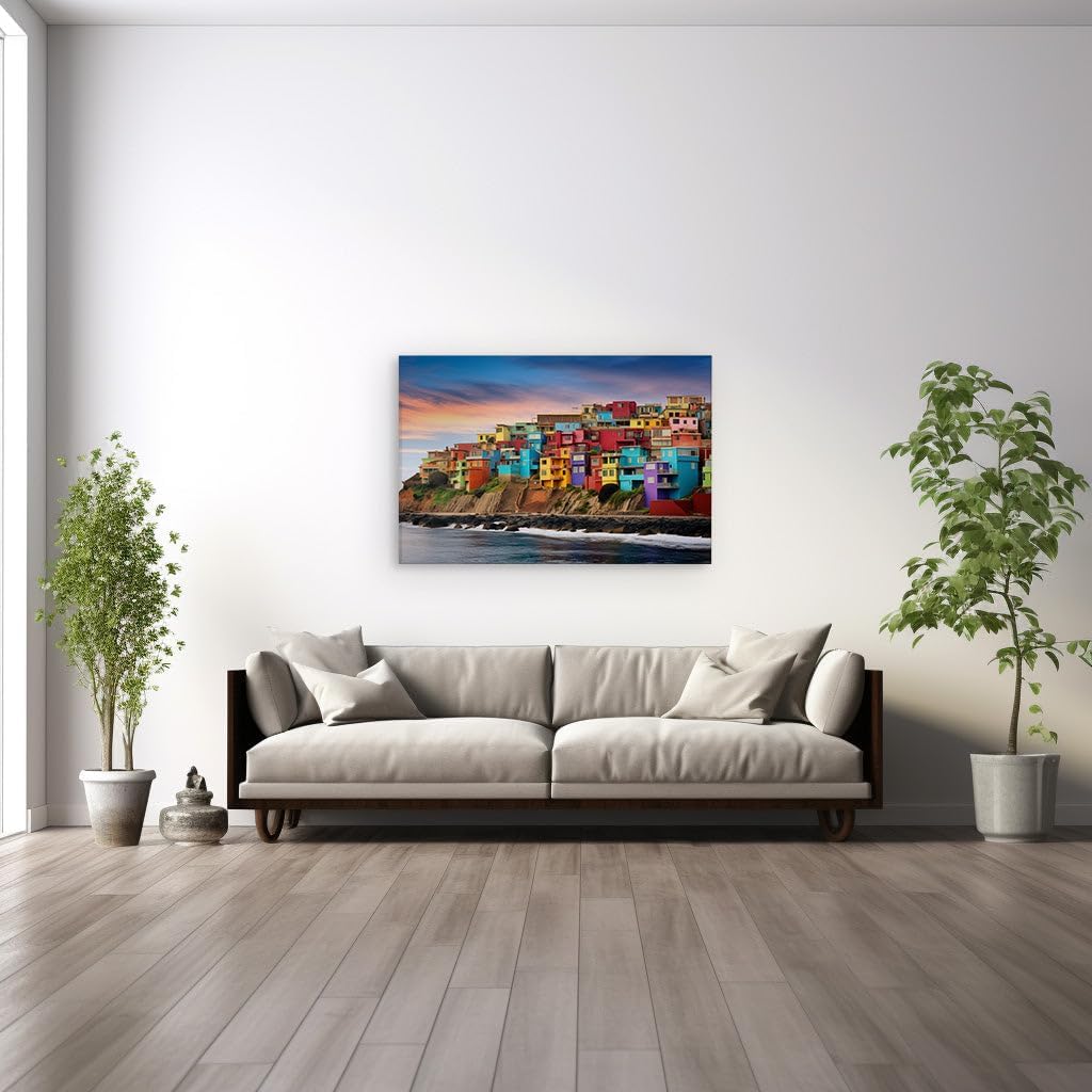 Canvas for Living room. Hillside Haven: A Coastal City's Colorful Embrace at Dawn or Dusk, 27 x 18 inch Canvas Wall Art - Ready to Hang