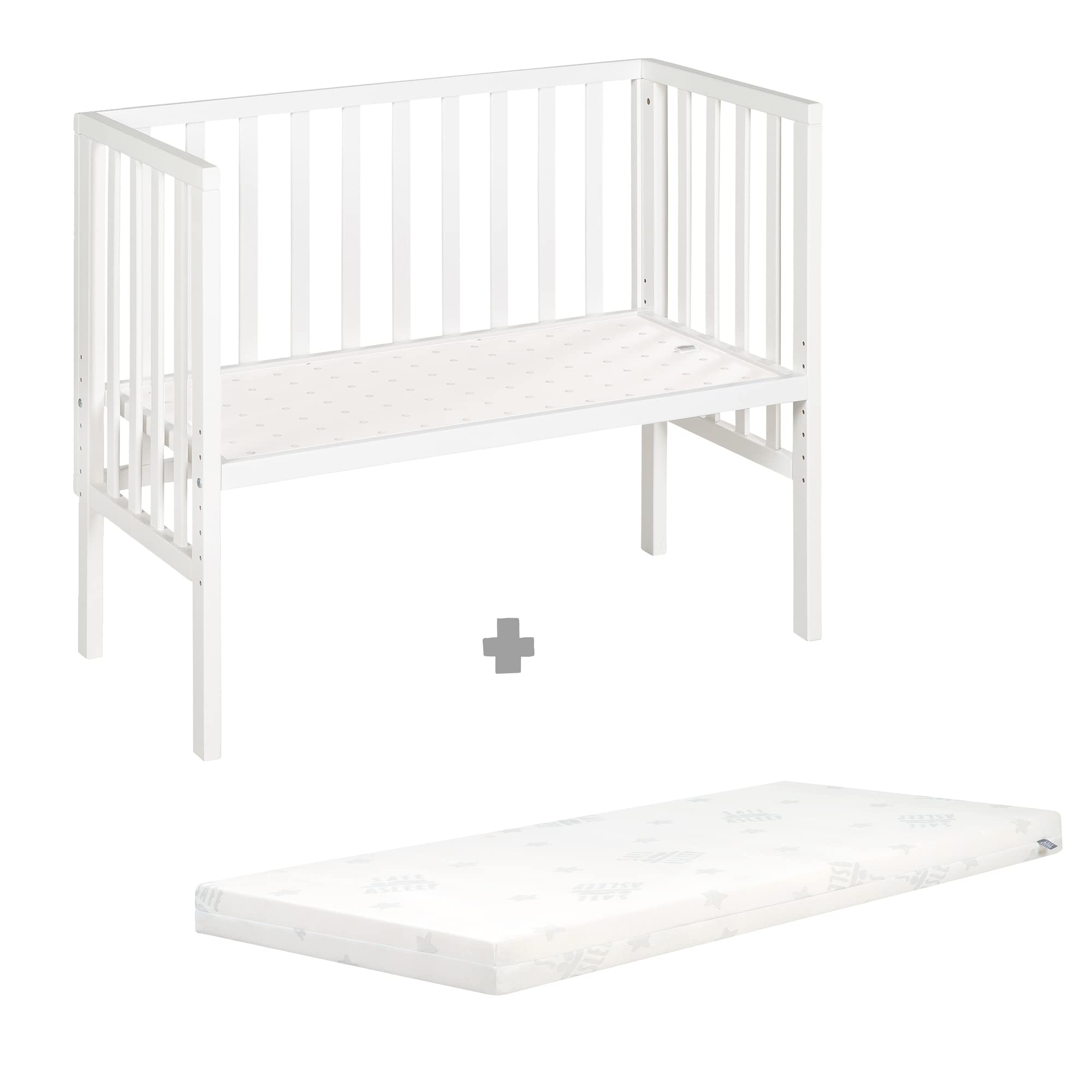 roba Cuna Colecho 2 en 1 con Colchón Safe Asleep 45 x 90 cm y Barrera - Madera Blanca - Adecuada para Todas Las Alturas de Camas Parentales - Desde el Nacimiento - Convertible en Banco hasta 65 kg