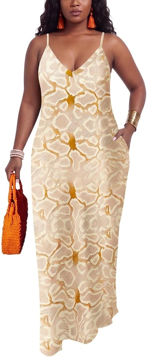 PerZeal Women's Summer Spaghetti Strap Dresses Plus Size Casual Print V Neck Maxi Dresses Loose Sundresses with Pockets
