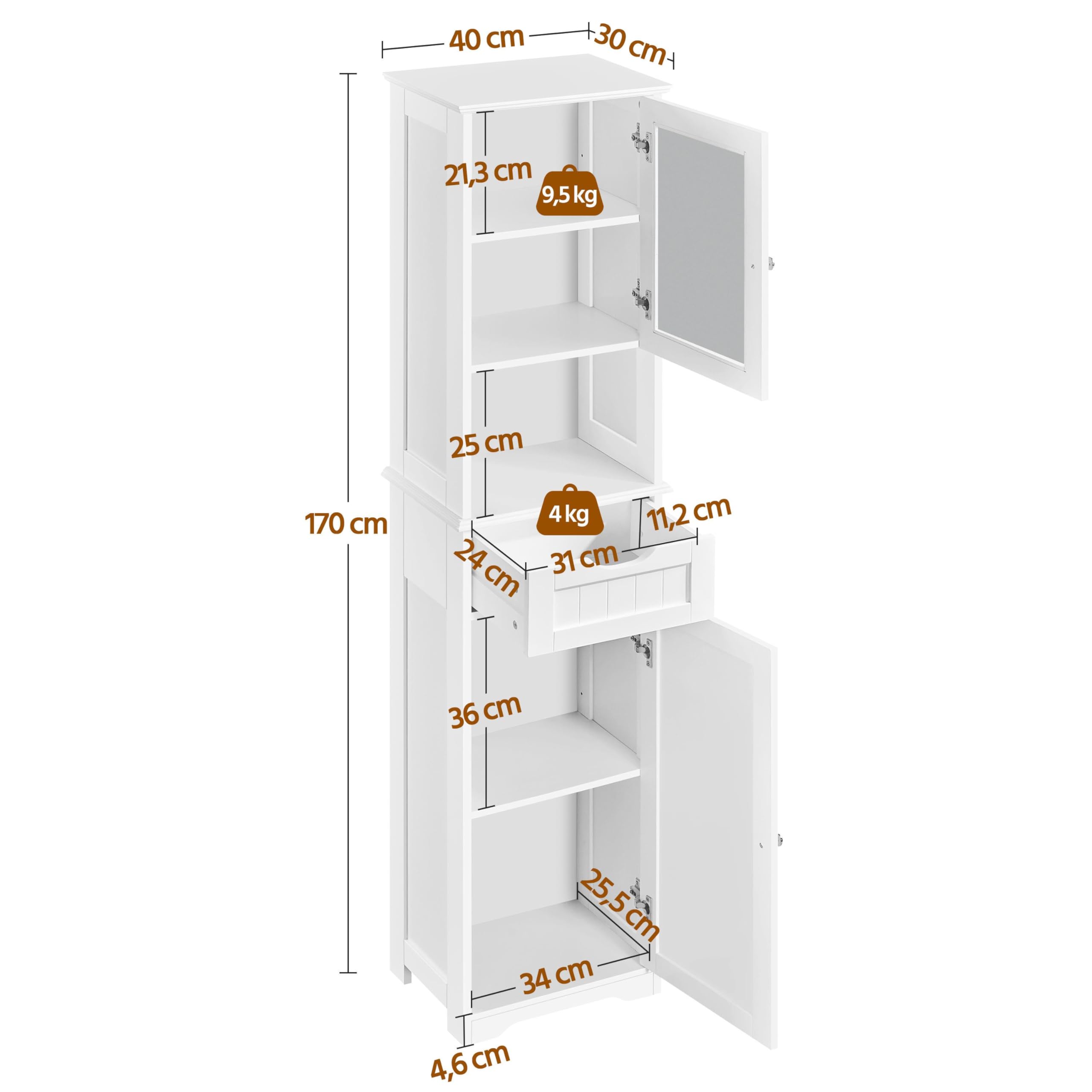Yaheetech Badezimmerschrank Hochschrank Badschrank mit Schublade & 2 Türen und verstellbarem Einlegeboden Aufbewahrungsschrank Küchenschrank für Badezimmer/Wohnzimmer/Küche, 40 * 30 * 170 cm