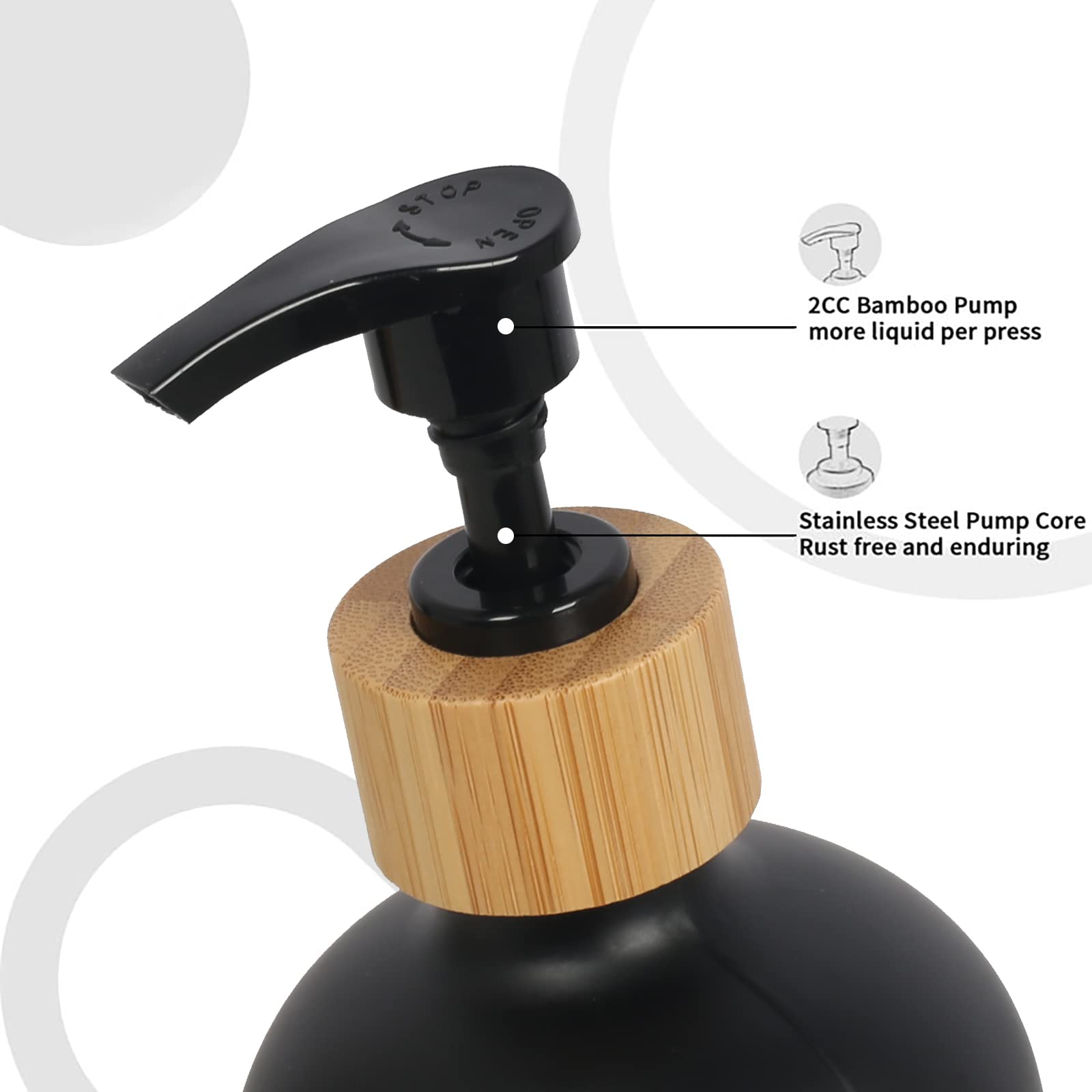 Luabue 2Pcs Soap Dispenser Kitchen Hand & Dish Wash Dispenser Black Washing Up Liquid Dispenser 500ml Glass Soap Dispenser with Bamboo Pump &Tray for Bathroom Countertop Laundry Room Shampoo Lotion - Image 3