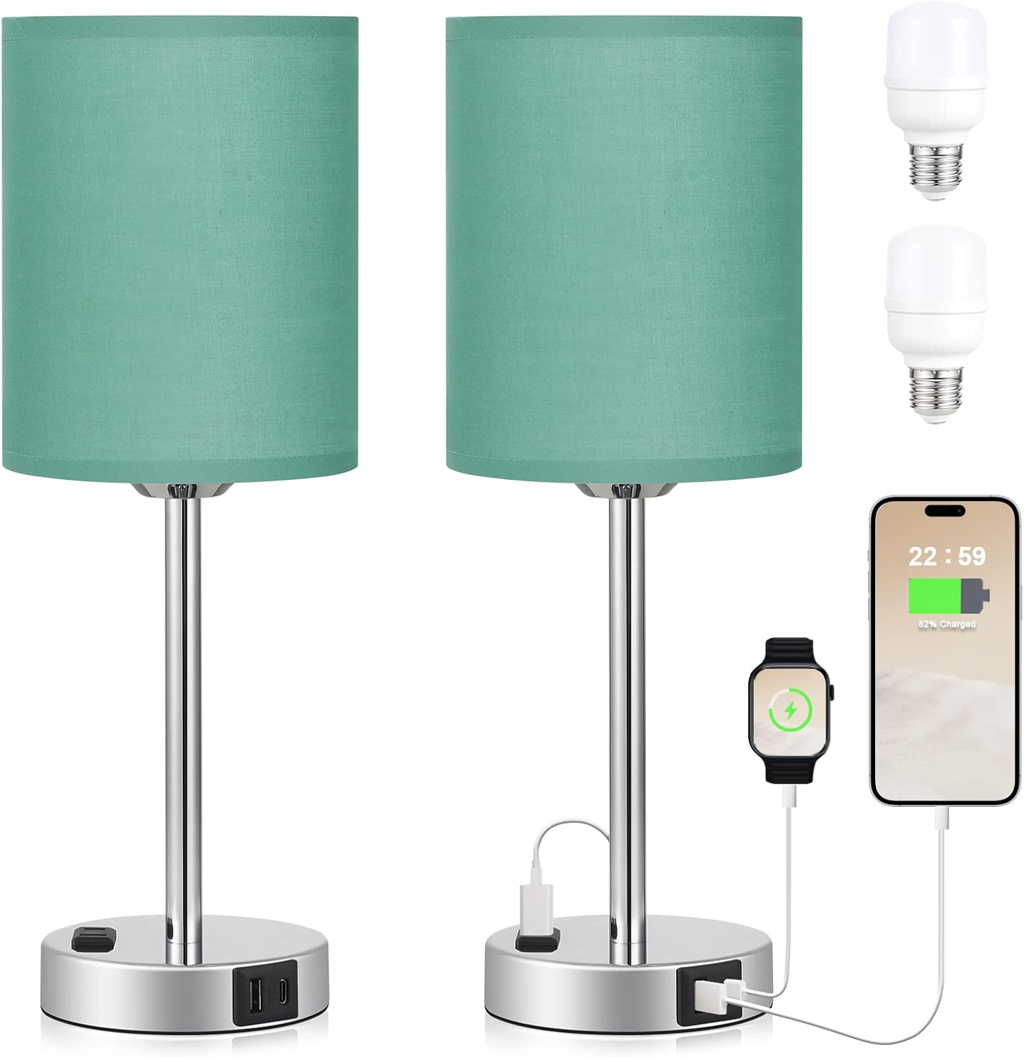 Innqoo Teal Touch Table Lamps Set of 2-3 Way Dimmable Bedside Lamp with USB C and A Ports and Outlets, Modern Nightstand Lamp with Silver Base, Small Bedroom Lamps for Kids Nursery