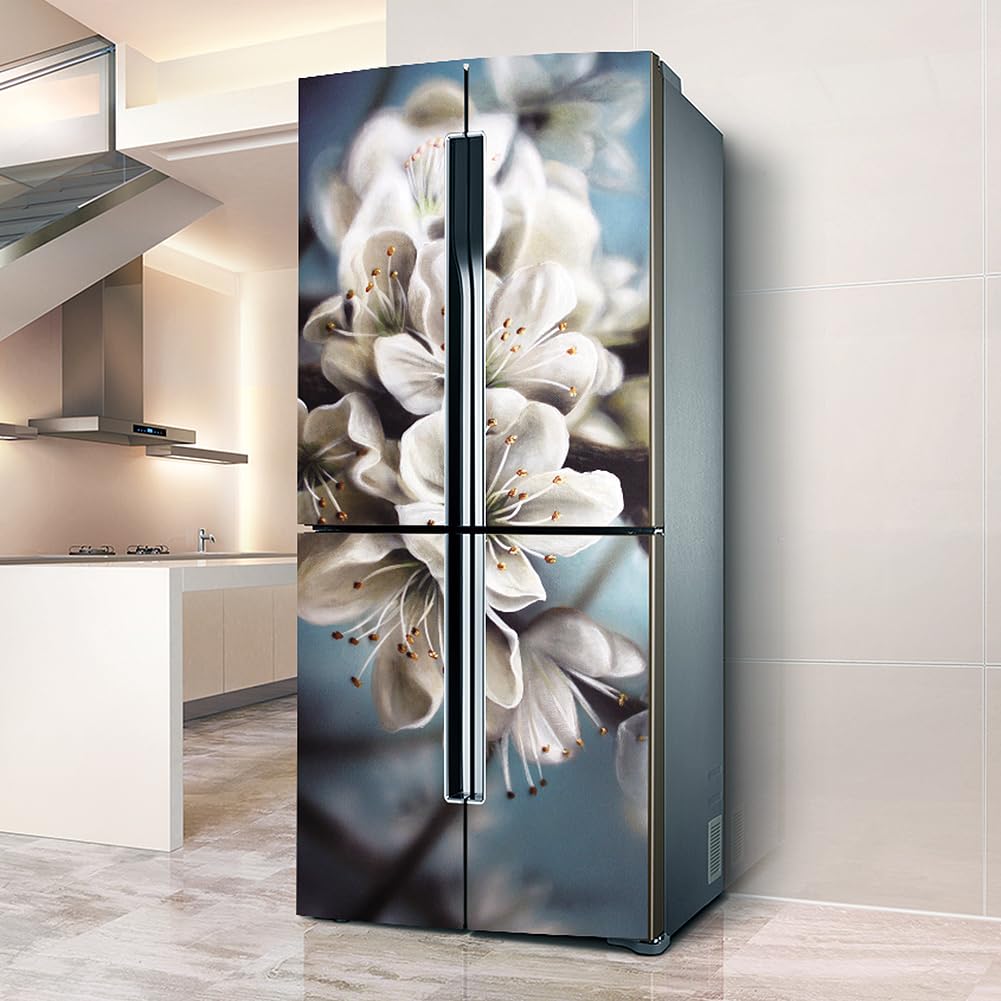 Fridge Stickers, Fridge Sticker Full Covering Door Covers Skins Wall Stickers for Kitchen Decal, Art Painting White Flower(L: 100x180 cm)