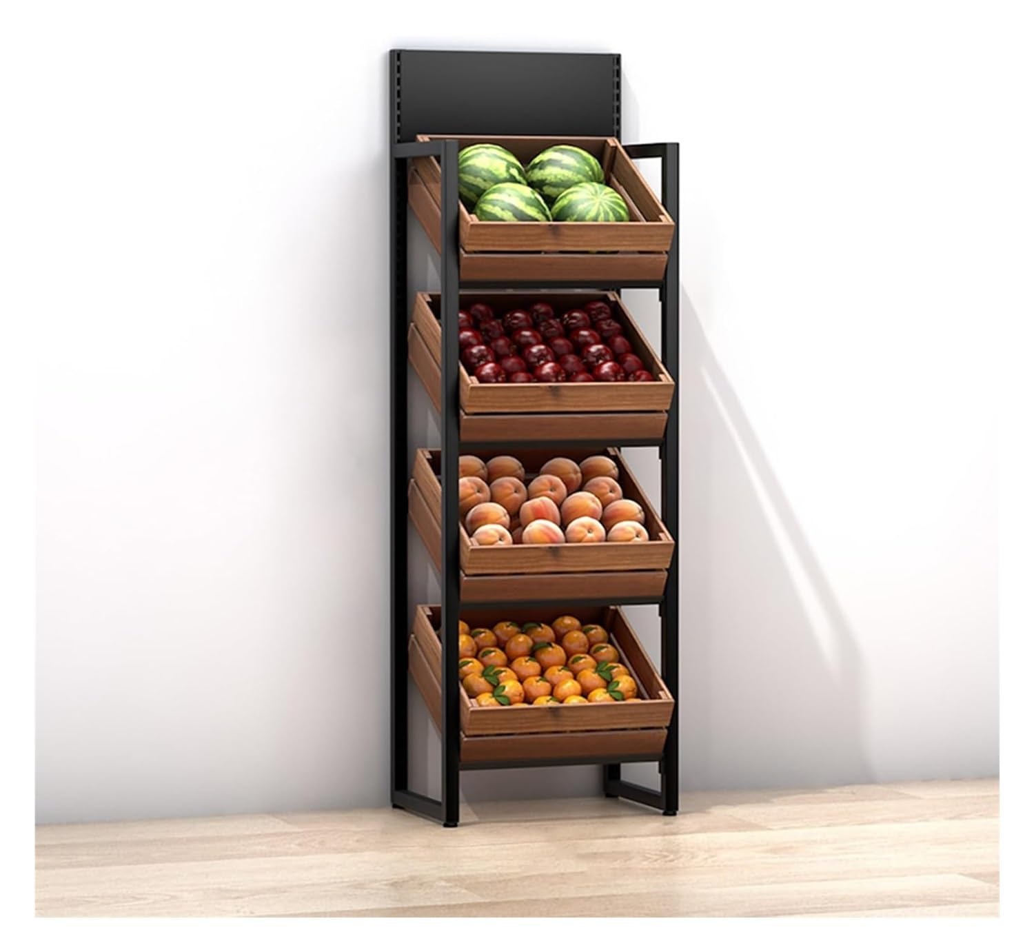 Estante for cesta de frutas y verduras de madera de 4 niveles, almacenamiento en el suelo for productos comerciales, patatas y cebollas, soporte de exhibición desmontable for supermercado/estante for