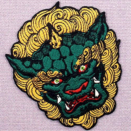 Zegins Fudog Lion Dog Patch Embroidered Applique Iron On Sew On Emblem, Green #TOP2