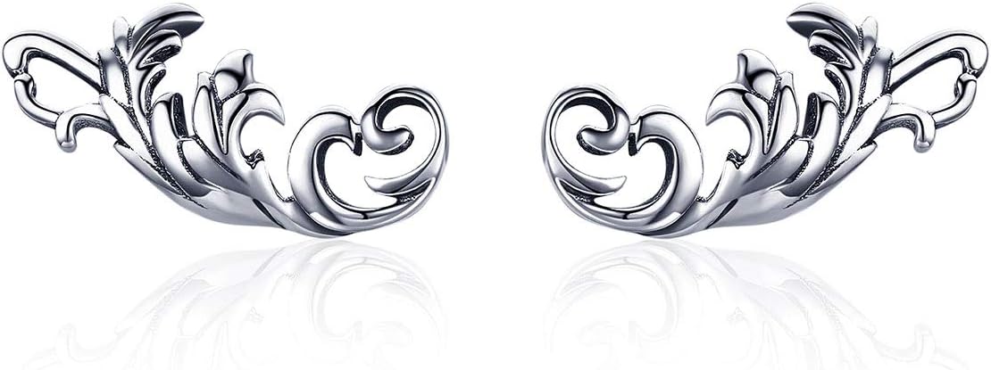 Antique Flower Stud Earrings Sterling Silver 925 Elegant Vintage Leaf Climber Crawler Earring Ear Piercing Thanksgiving Christmas Day Gifts for Women
