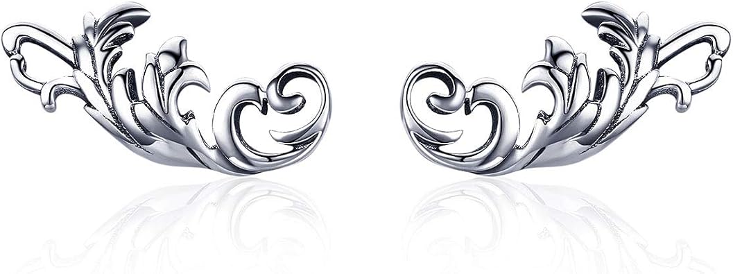 Antique Flower Stud Earrings Sterling Silver 925 Elegant Vintage Leaf Climber Crawler Earring Ear Piercing Thanksgiving Christmas Day Gifts for Women