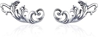 Antique Flower Stud Earrings Sterling Silver 925 Elegant Vintage Leaf Climber Crawler Earring Ear Piercing Thanksgiving Christmas Day Gifts for Women