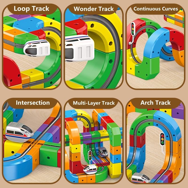 Image of ADKD DIY Cube Track Magic Rail Train Set, 51 Pcs,Educational Building Track Toy for Kids Multicolour, for Ages 3+, Loop,Multi-Layer Tracks (51 Pcs Block Set)