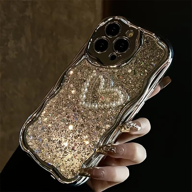for iPhone 16 Pro Max Case with Beaded Marble Wrist Strap Super Sparkly Phone Case with Silvery Foil Glitter Rhinestone Pearl Cute Love Heart Girly Women Case for iPhone 16 Pro Max (Silver) - Image 3