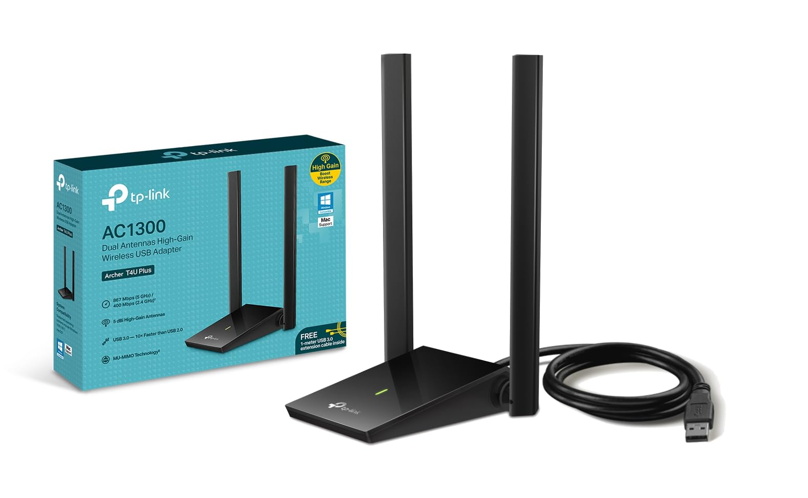 TP-Link Archer T4U Plus AC1300 Wi-Fi Adapter USB Dongle, Dual Band 2.4GHz/5GHz, USB 3.0, Wi-Fi Antennas 5dBi Long Range, MU-MIMO, Compatible Windows 11/10/8.1/8/7, Mac OS