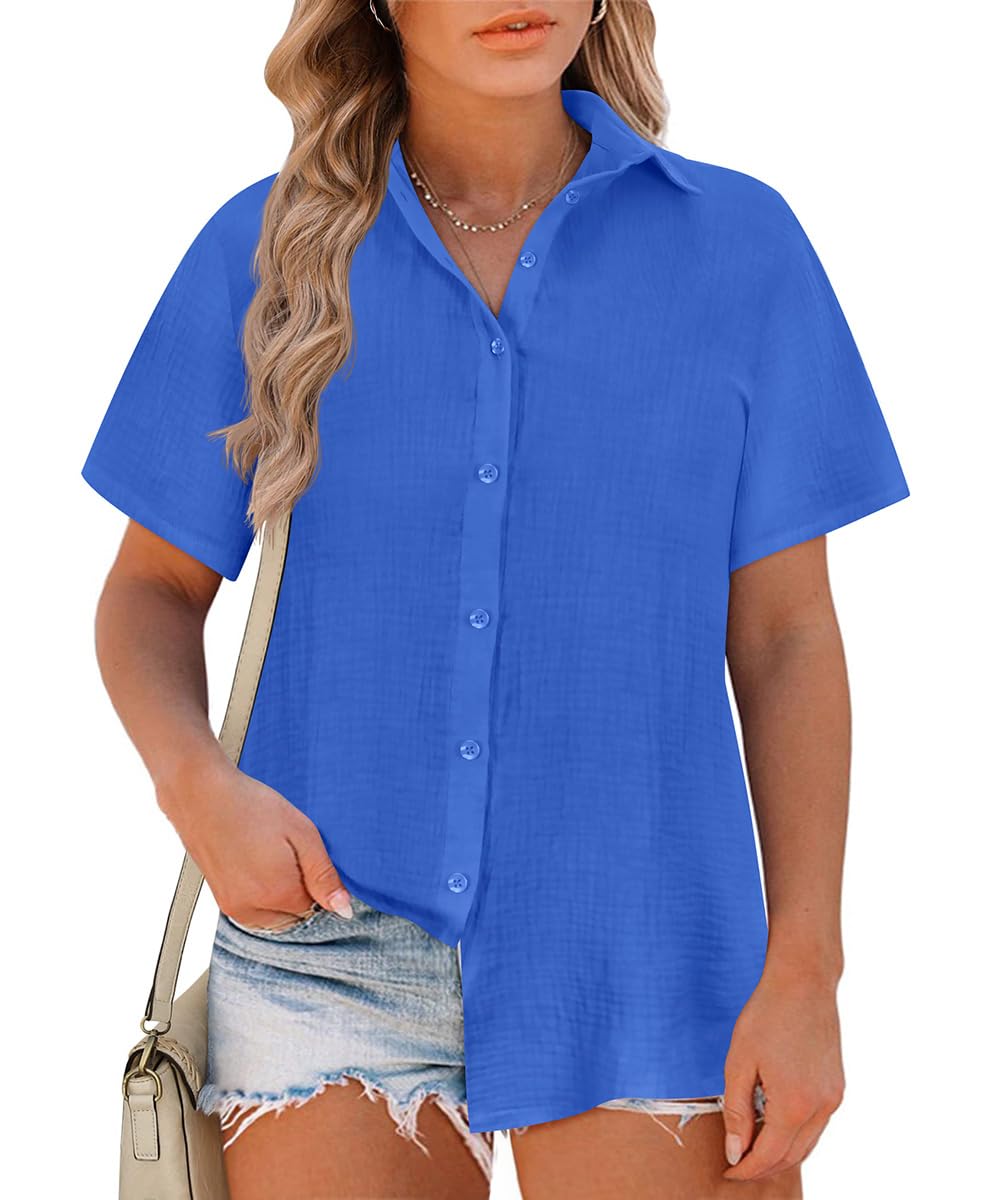 RITERA Womens Plus Size Tops Button Down Roll-Up Cuffed Short Sleeve Casual Shirts Collared Summer Lightweight Blouse XL-5XL