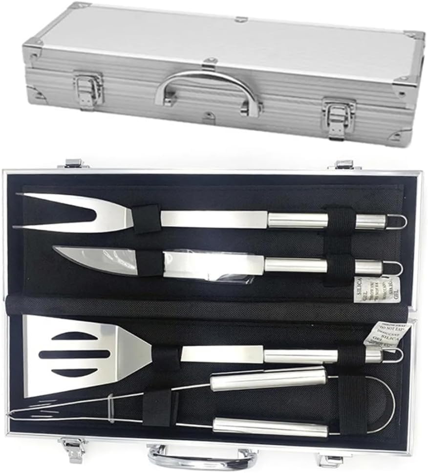 Kit Churrasco Inox 4 Peças com Maleta Alumínio 37X12X7 cm Faca Garfo Pegador Espátula 0005