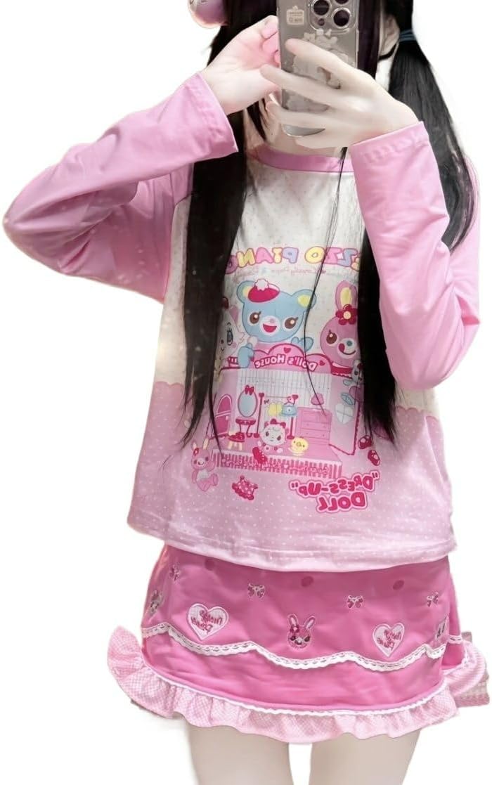 Sweet Crop Top Cartoon Print Harajuku Contrast Color T-Shirt Women Y2k Aesthetic Slim Ruffled Tee