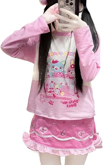 Sweet Cartoon Print Pink O-Neck T Shirts Women Long Sleeve Tees Y2k Aesthetic Grunge Cropped Tee