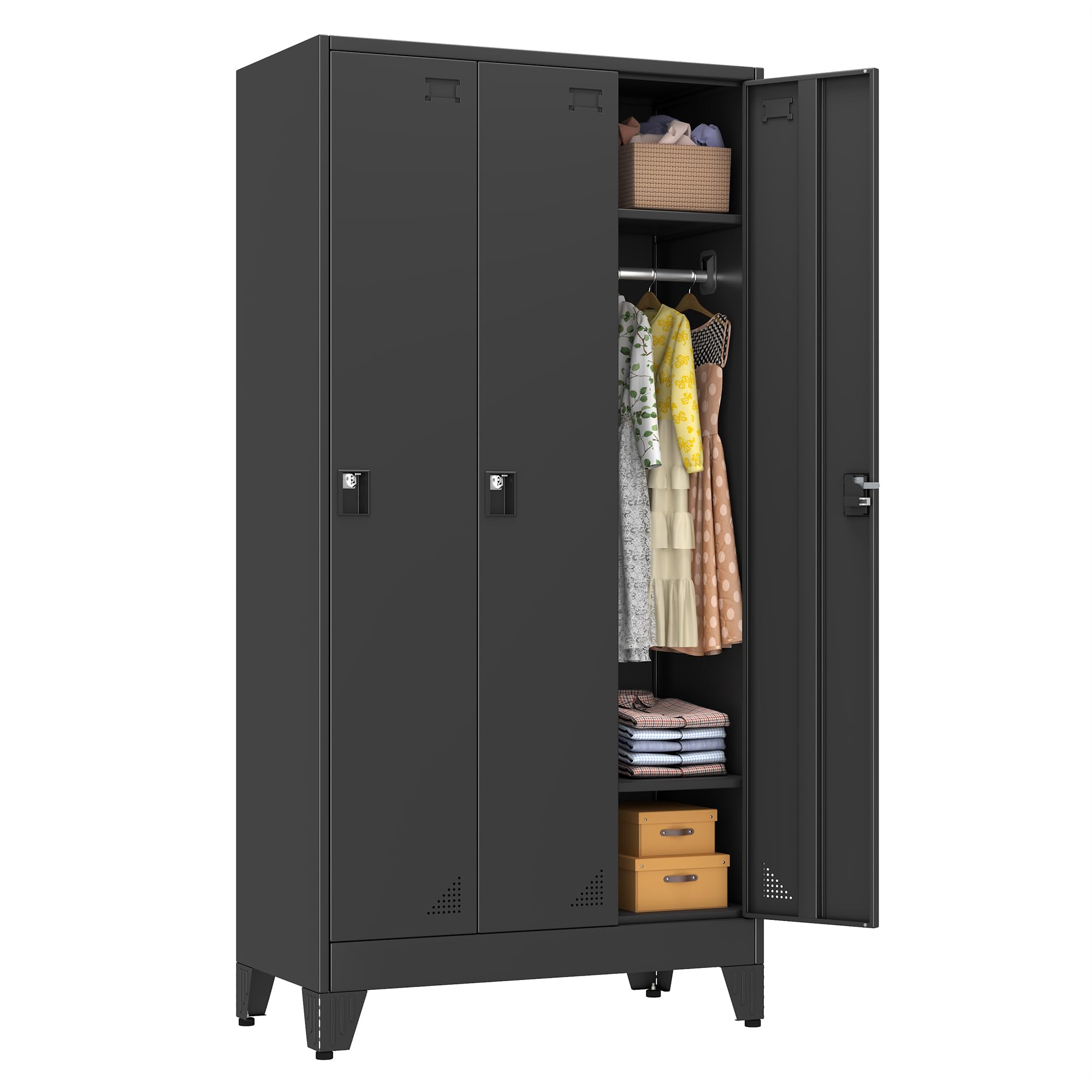 pozdeg Metal Lockers for Employees, 3 Doors Metal Storage Locker, Black