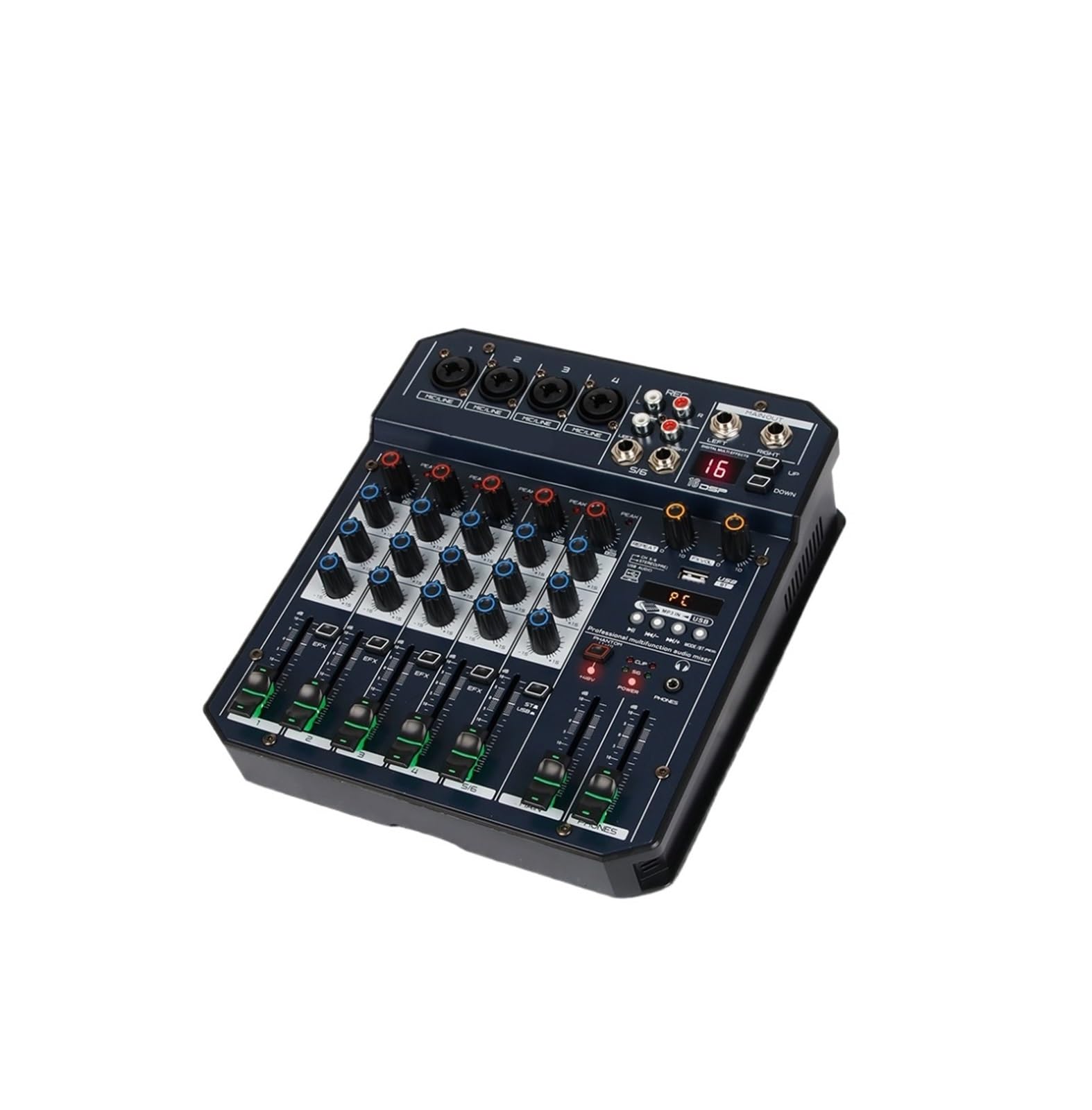 Kontroler DJ-ski, Profesjonalny 4-kanałowy mikser USB dla DJ-ów, kontroler dźwięku na żywo, nagrywanie wideo na komputerze, transmisja strumieniowa na żywo,