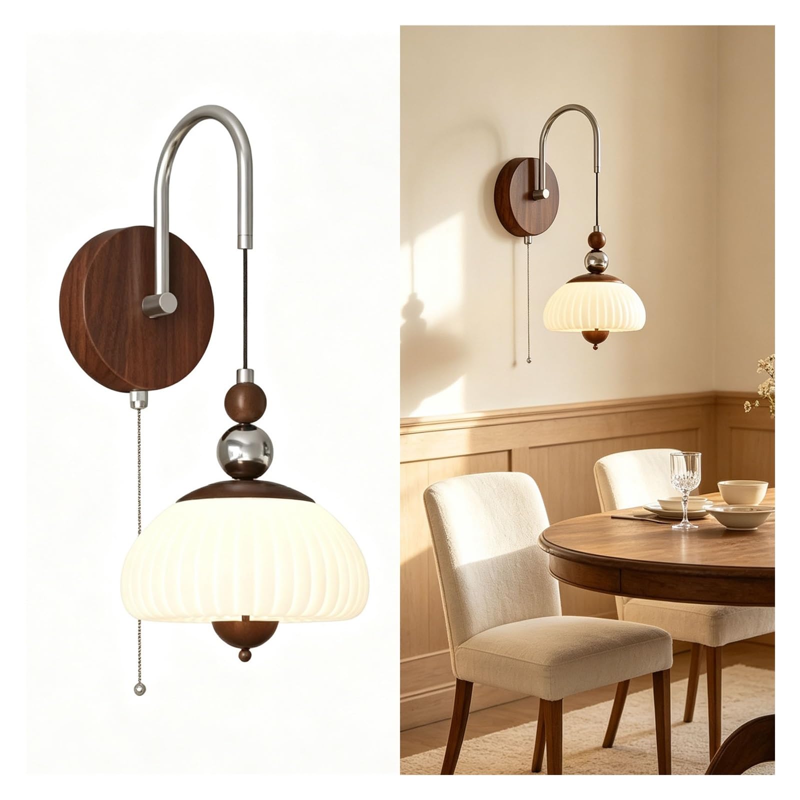 LUOYAOB Walnut Wood Wall Sconce Mushroom Lamp Chrome Accent Fixture