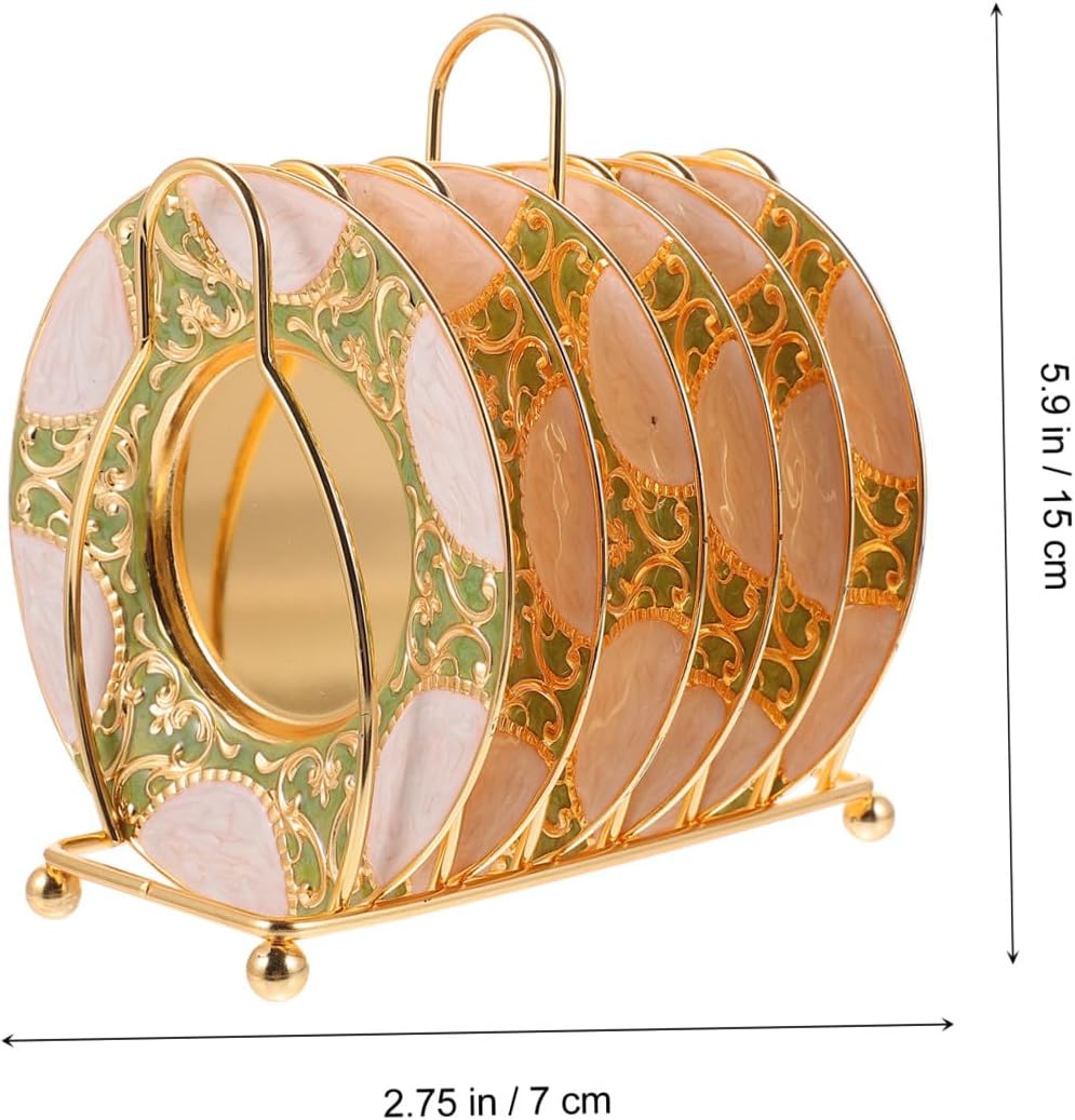 PRETYZOOM Zinc Alloy Cup Coaster Set with Rack Stylish Anti-Spilling Saucers for Table Decor 6-Piece Kit Suitable for Home and Kitchen