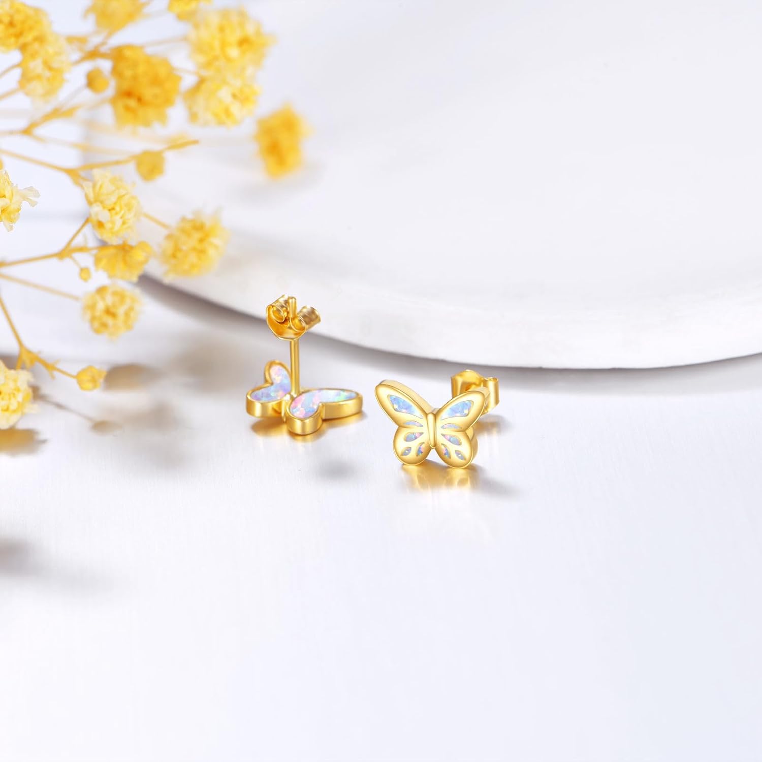 14K Real Gold Opal Butterfly Earrings Stud Solid 14K Gold Butterfly Jewelry Gift for Women