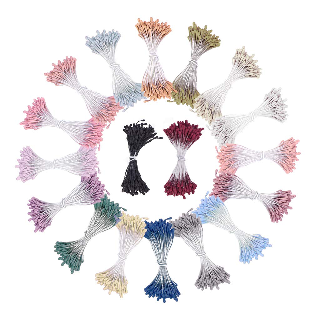 PH PandaHall 18 Bundles Crepe Paper Flowers 18 Colors 3D Flower Stamens 2mm Pearl Flower Double Heads Stamens for Sewing Home Wedding Decoration DIY Craft Making, 1800pcs Total