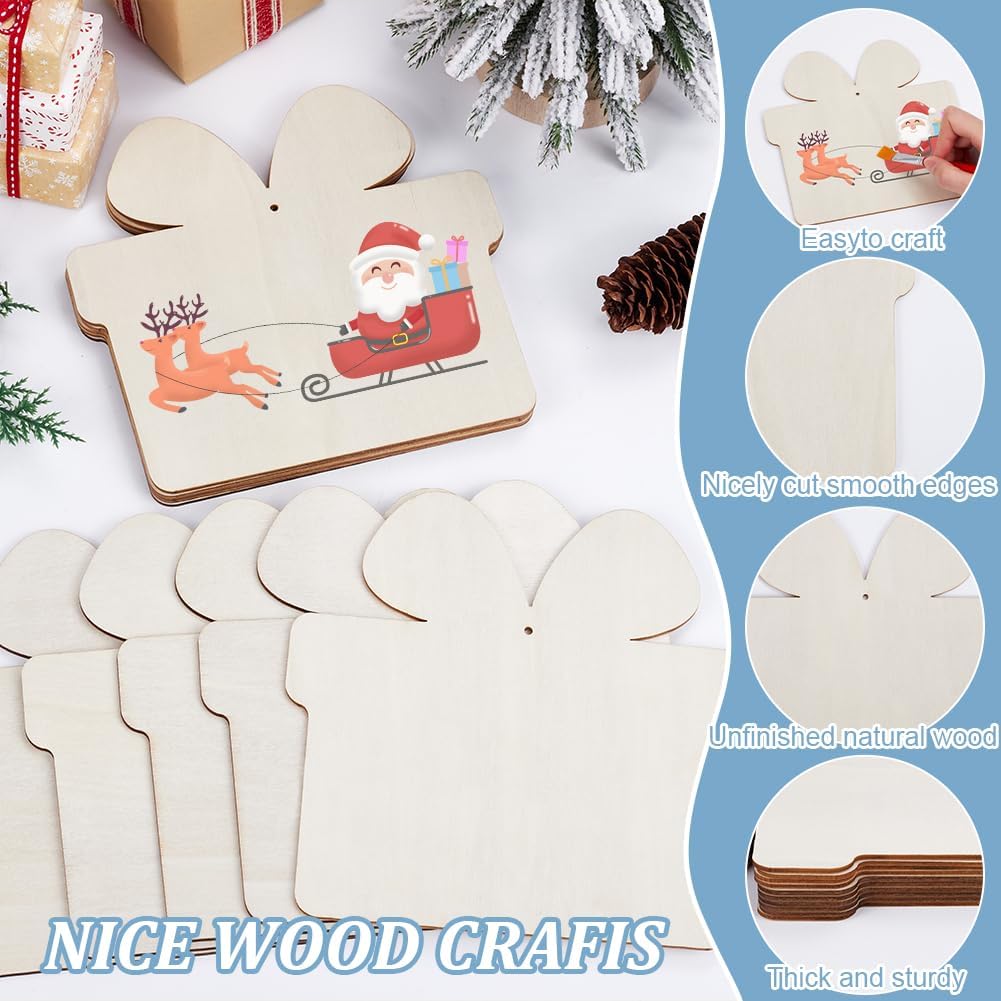 10Pcs 7 x 7 Inch Wooden Gift Box Ornament Christmas Wood Cutouts Unfinished Wood Blanks Slices with Ropes for DIY Arts Crafts Painting Home Birthday Party Favors Decoration Xmas Supplies