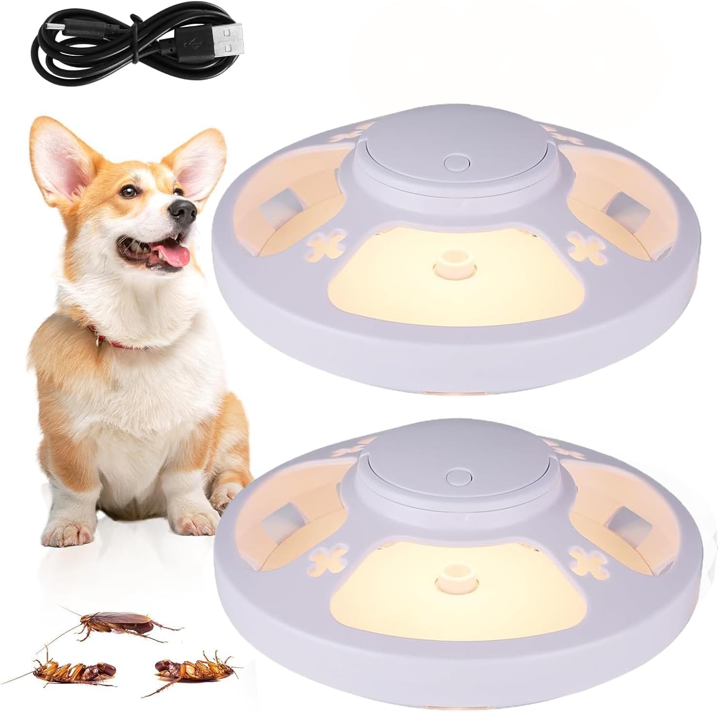 2 Pack Flea Traps for Home,Flea Bombs That Kill Fleas and Eggs,Fleas Light Trap with 4 Light Bulbs and 12 Glue Discs,Non-toxic,Natural Fleas Catcher Light,Flea Catcher for Home Bed Carpets (White)