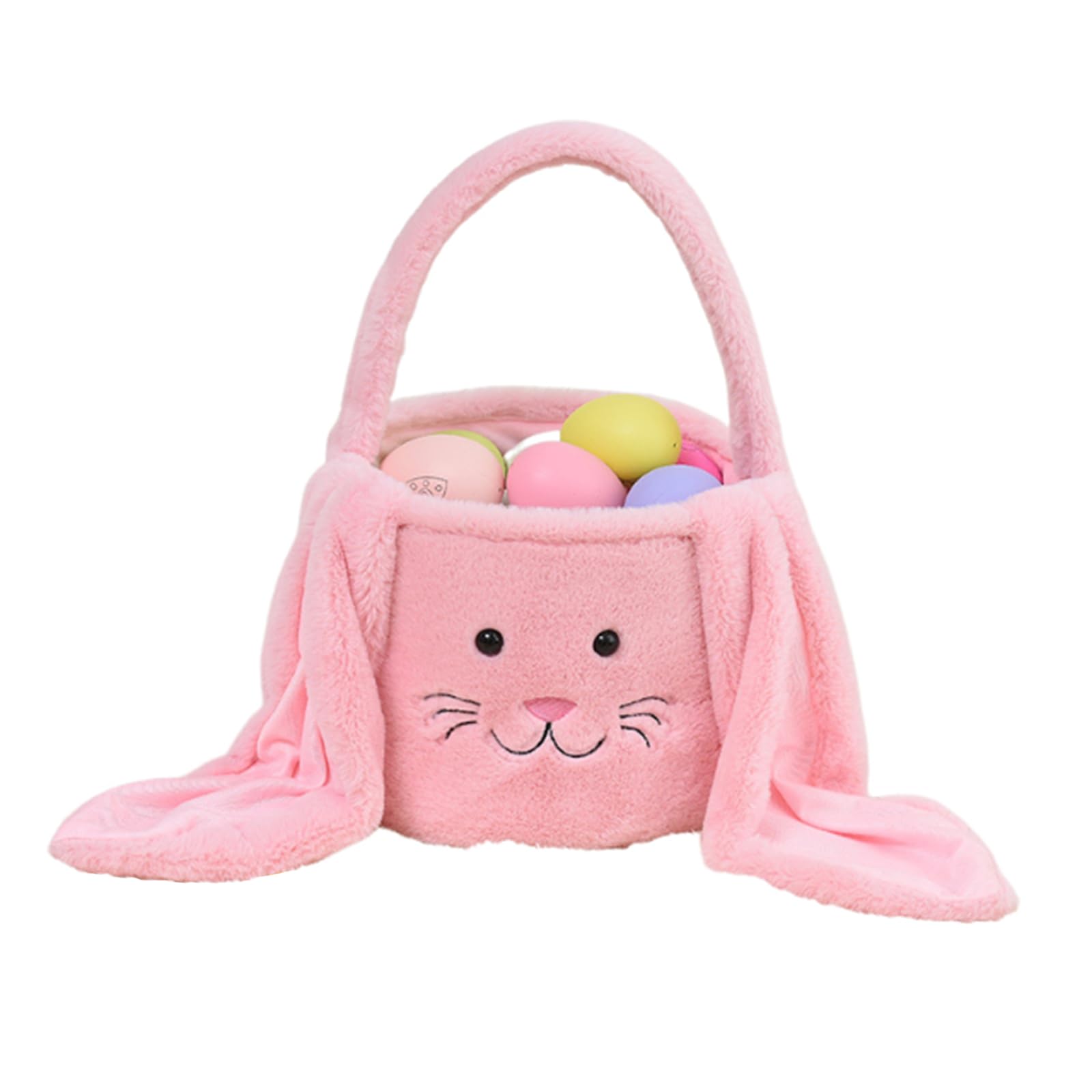 Plush Easter Bunny Basket Bags for Kids, Rabbit Bucket Tote with Long Fluffy Ears, Cute Egg Hunts Party Storage Candy Gifts Carry Bucket Decorations (Pink)