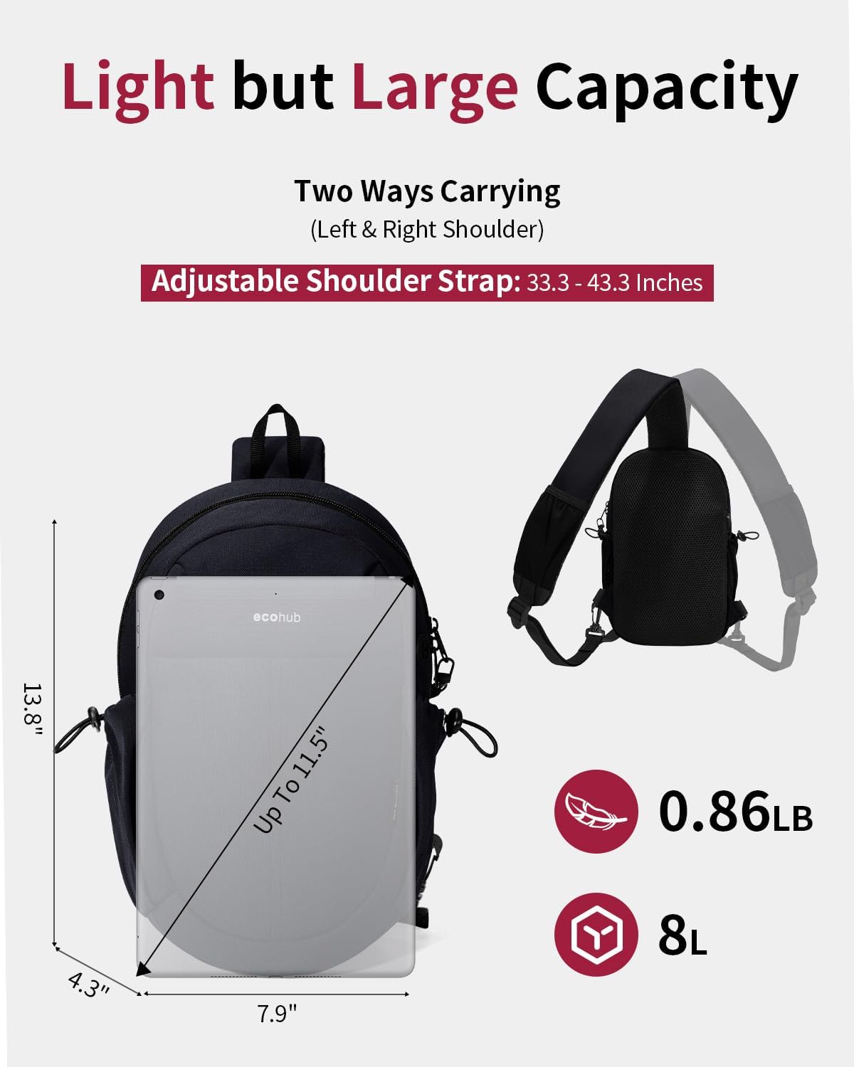 ECOHUB Crossbody Bags for Men with RFID Anti-Theft Lightweight Travel Hiking Sling Backpack Small Sports Shoulder Bag, Black