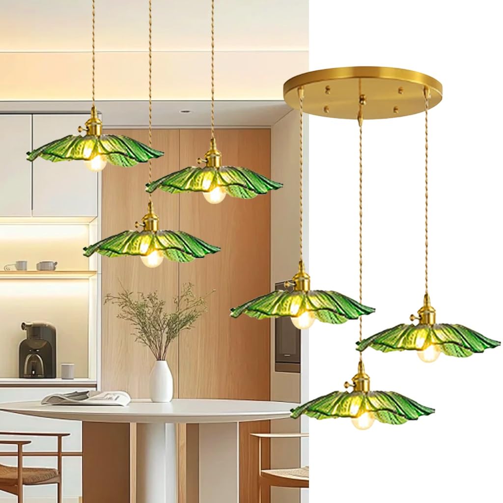 PANNN E27 Green Glass Pendant Light Vintage Brass Pendant Lamp White Floral Chandelier Modern Dining Table Light Nordic Style Suitable for Dining Room Kitchen Living Room and Bedroom Lighting(C)